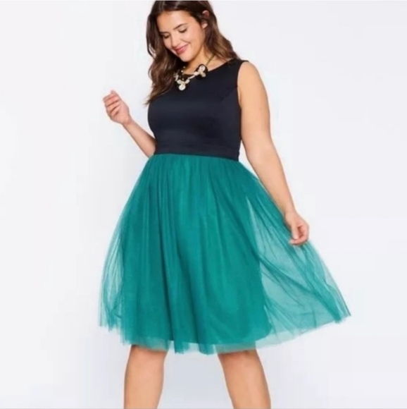 Eloquii Dresses & Skirts - Eloquii black/jade green tulle knee length dress size 18